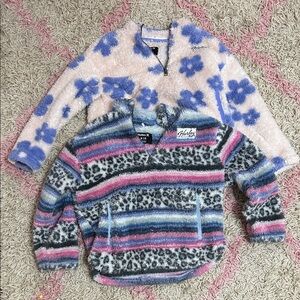 Hurley Cozy Fuzzy Striped Leopard Quarter-Zip Pullover - Pink/Blue. Bundle of 2
